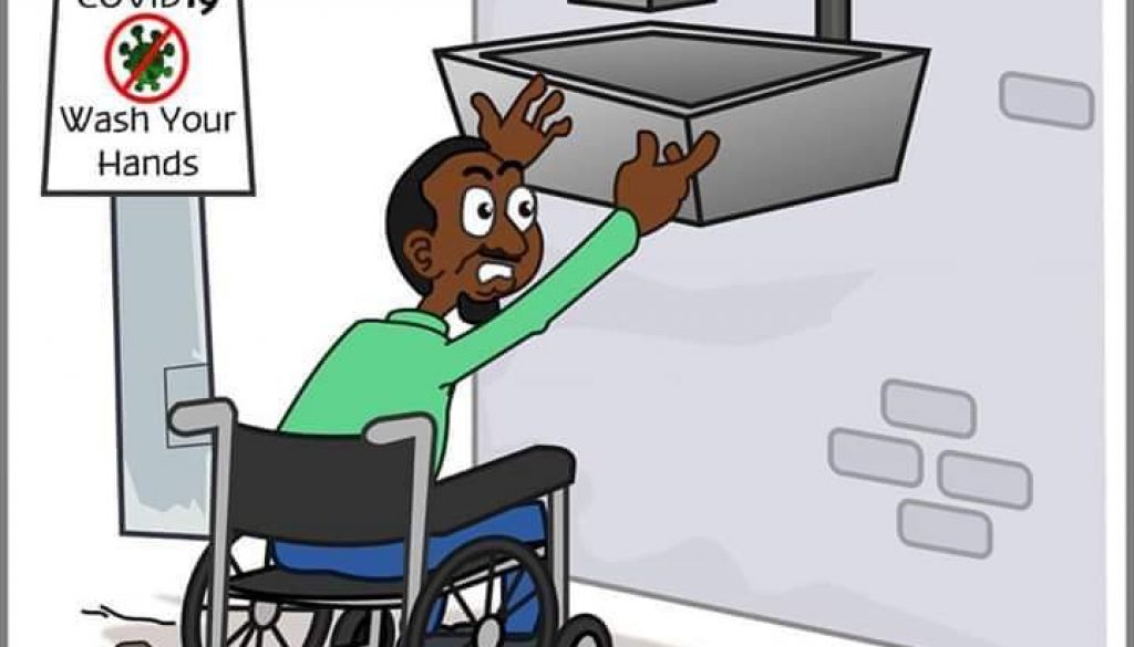 A cartoon. In the background there is a poster saying wash your hands. There is a man using a wheelchair in the foreground. He is trying to reach the sink but it is too high and so he cannot comply with the public health advice