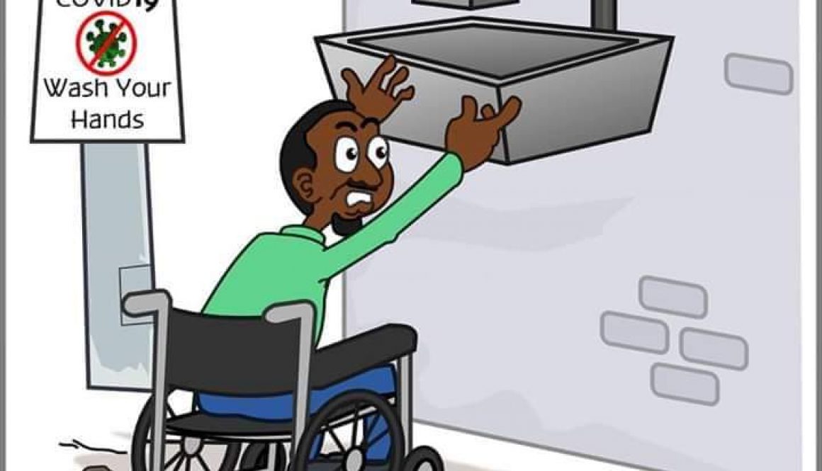 A cartoon. In the background there is a poster saying wash your hands. There is a man using a wheelchair in the foreground. He is trying to reach the sink but it is too high and so he cannot comply with the public health advice