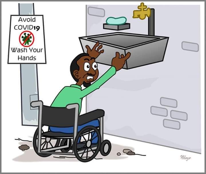 A cartoon. In the background there is a poster saying wash your hands. There is a man using a wheelchair in the foreground. He is trying to reach the sink but it is too high and so he cannot comply with the public health advice