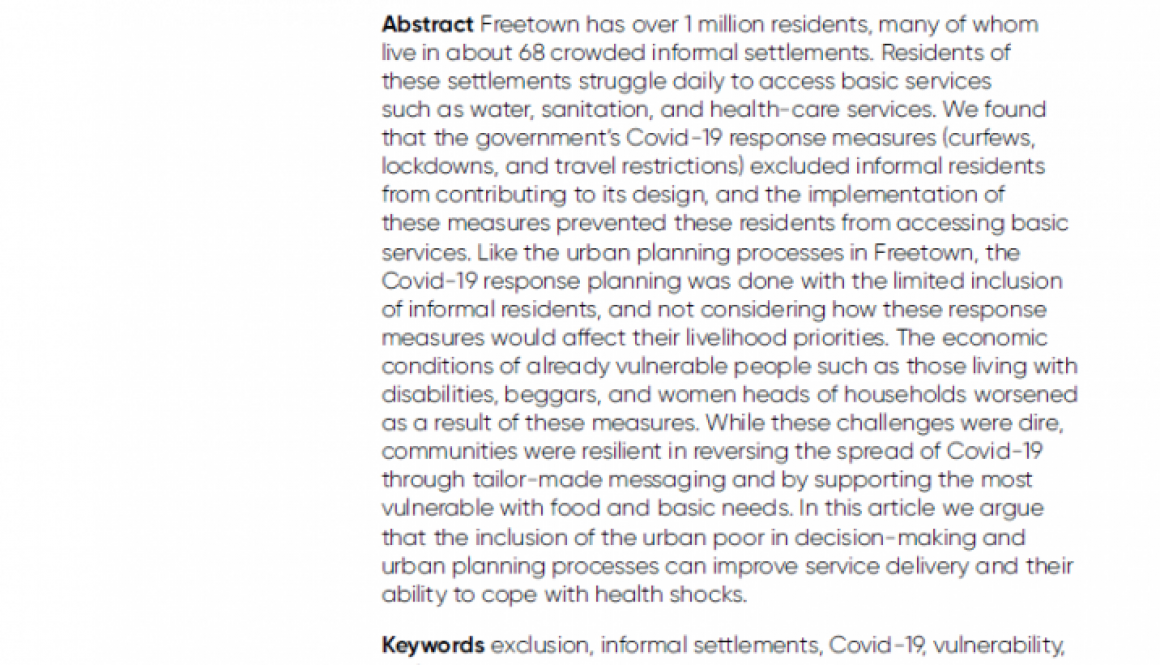 Covid-19 Response and Protracted Exclusion of Informal Settlement Residents in Freetown, Sierra Leone