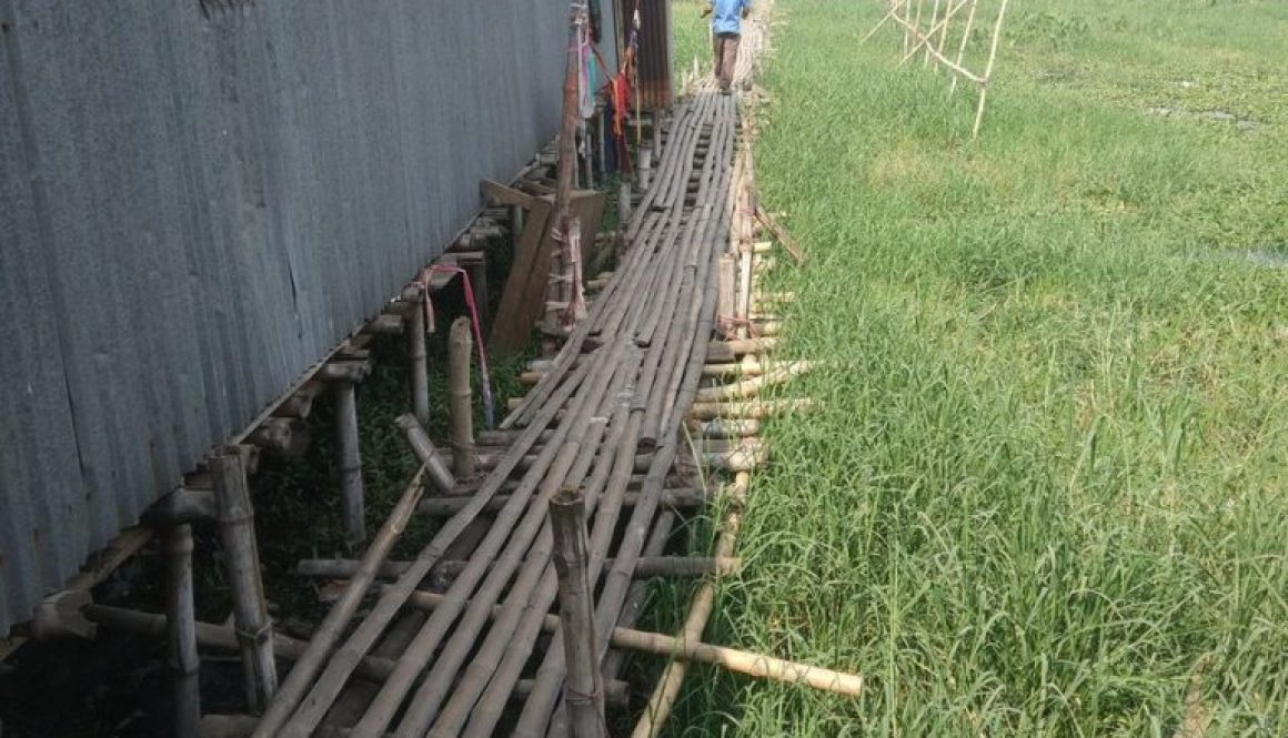 households using a bamboo bridge to walk over waste in informal settlement