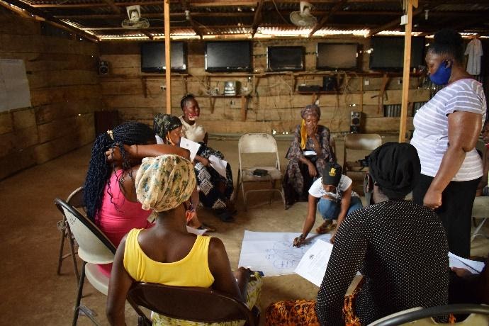 Researchers, co-researchers and a group of community women working together on analysis.1