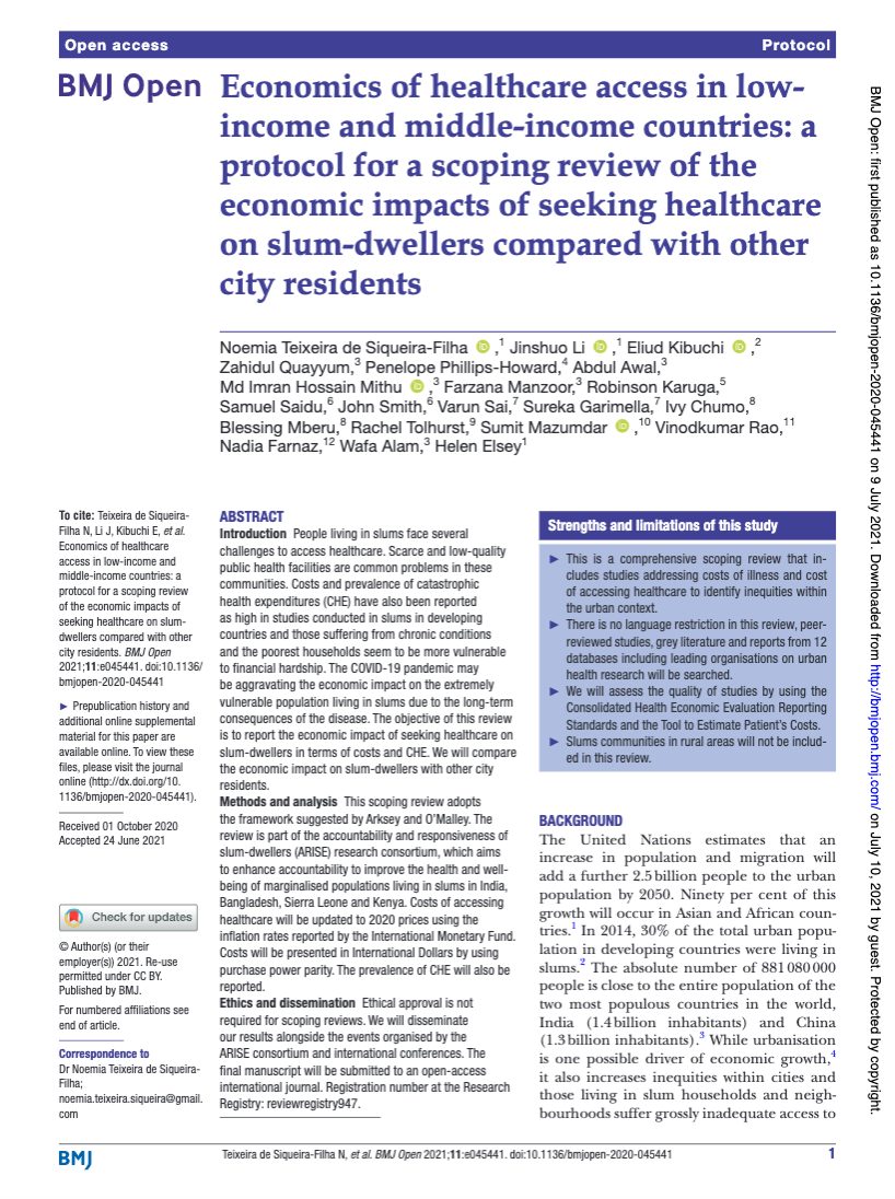 Economics of healthcare access in low income and middle-income countries: a protocol for a scoping review of the economic impacts of seeking healthcare on slum-dwellers compared with other city residents