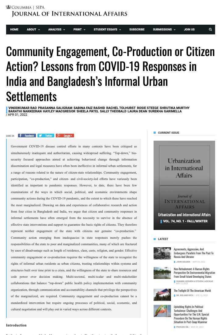 Community Engagement, Co-Production or Citizen Action? Lessons from COVID-19 Responses in India and Bangladesh’s Informal Urban Settlements