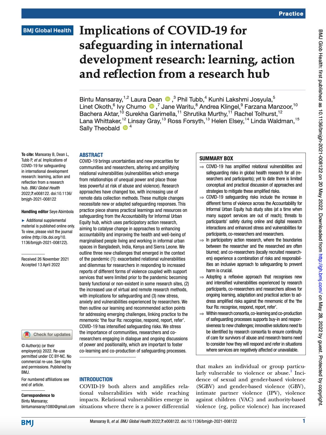 Implications of COVID-19 for safeguarding in international development research: learning, action and reflection from a research hub
