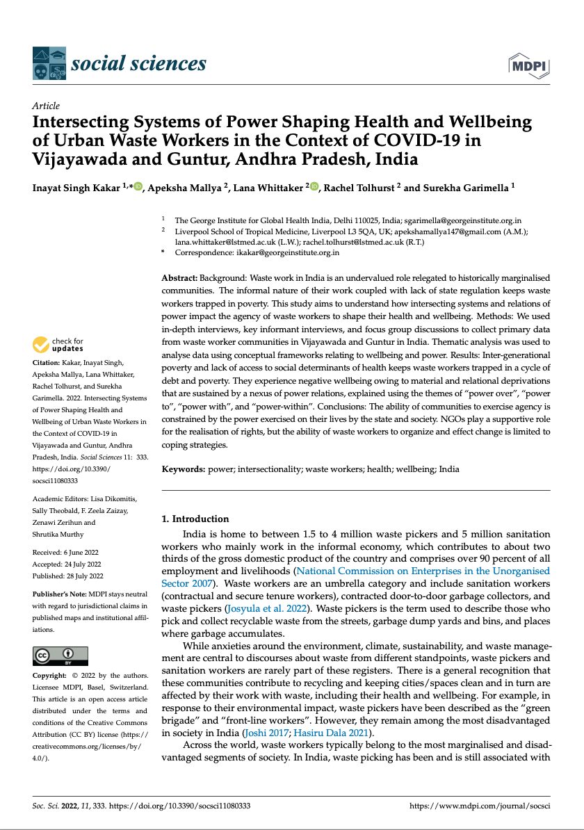 first_pagesettings Open AccessArticle Intersecting Systems of Power Shaping Health and Wellbeing of Urban Waste Workers in the Context of COVID-19 in Vijayawada and Guntur, Andhra Pradesh, India first_pagesettings Open AccessArticle Intersecting Systems of Power Shaping Health and Wellbeing of Urban Waste Workers in the Context of COVID-19 in Vijayawada and Guntur, Andhra Pradesh, India
