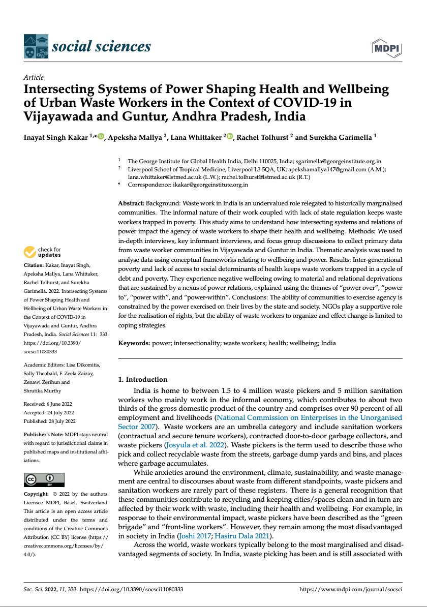 first_pagesettings Open AccessArticle Intersecting Systems of Power Shaping Health and Wellbeing of Urban Waste Workers in the Context of COVID-19 in Vijayawada and Guntur, Andhra Pradesh, India