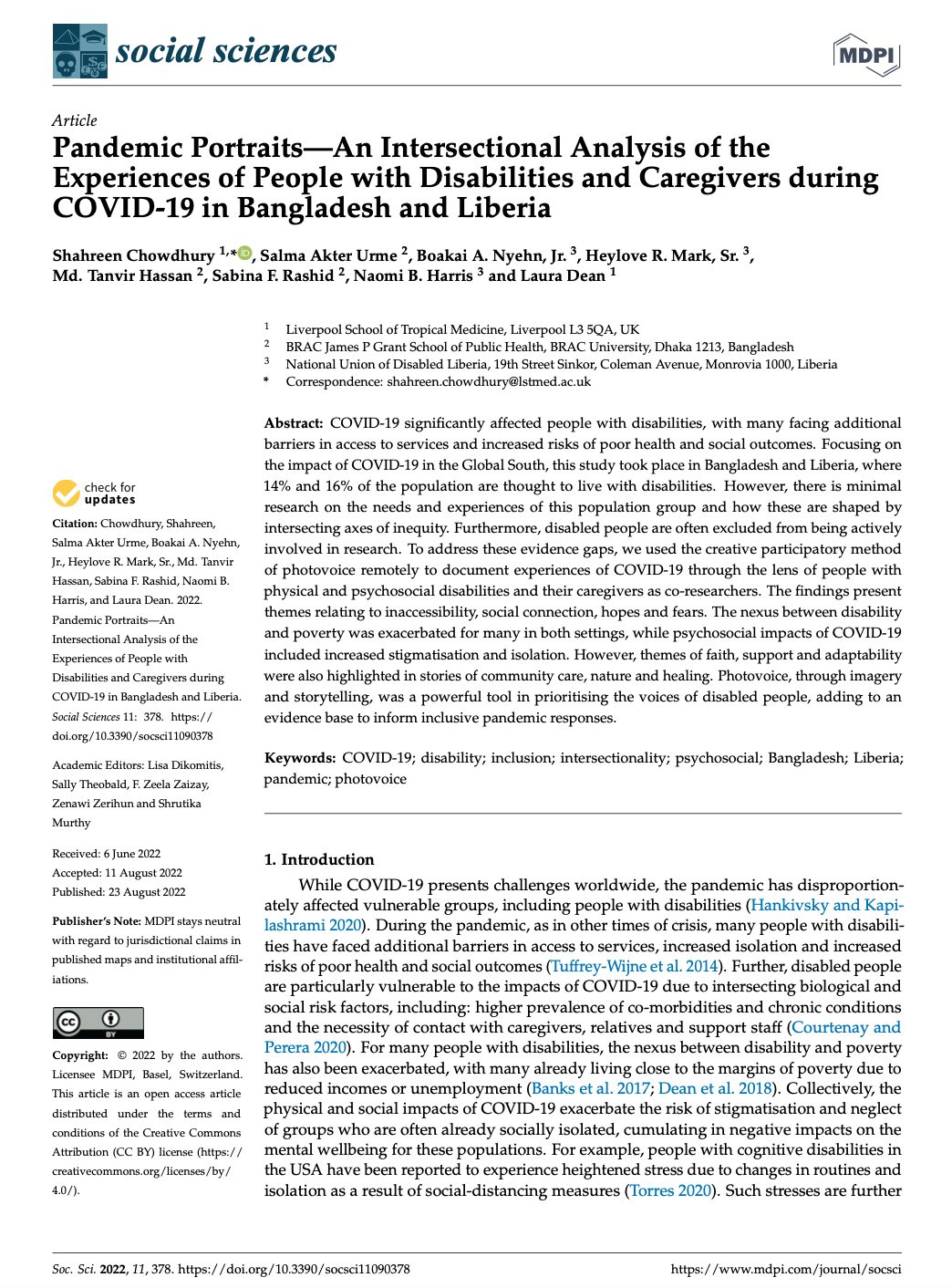 Pandemic Portraits—An Intersectional Analysis of the Experiences of People with Disabilities and Caregivers during COVID-19 in Bangladesh and Liberia