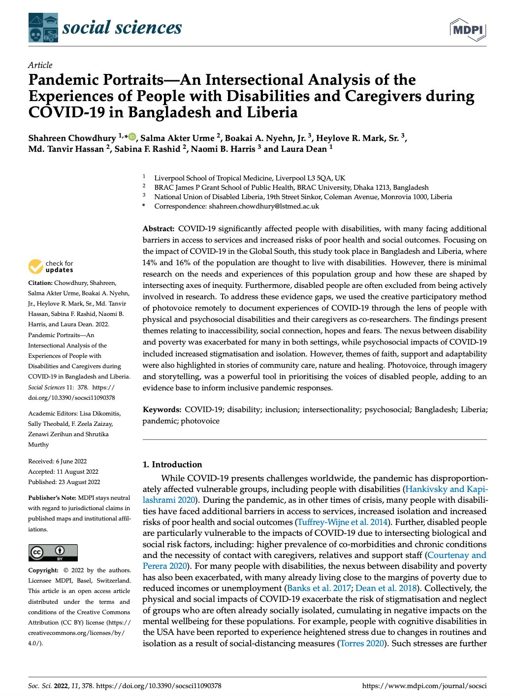 Pandemic Portraits—An Intersectional Analysis of the Experiences of People with Disabilities and Caregivers during COVID-19 in Bangladesh and Liberia Pandemic Portraits—An Intersectional Analysis of the Experiences of People with Disabilities and Caregivers during COVID-19 in Bangladesh and Liberia