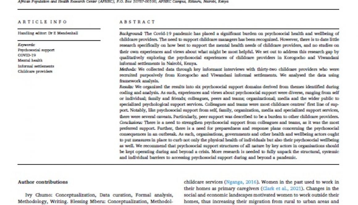 Psychosocial support during the COVID-19 pandemic in informal settlements A Case of Childcare Providers in Nairobi, Kenya